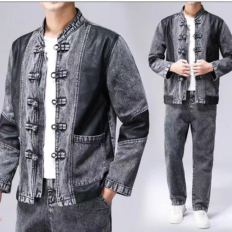 Men's Tang Suit Set with Denim Jacket, Spring and Autumn Long-Sleeved Chinese-Style Jacket
