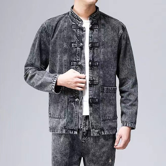 Men's Tang Suit Set with Denim Jacket, Spring and Autumn Long-Sleeved Chinese-Style Jacket