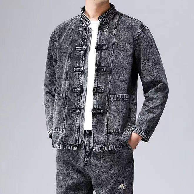 Men's Tang Suit Set with Denim Jacket, Spring and Autumn Long-Sleeved Chinese-Style Jacket