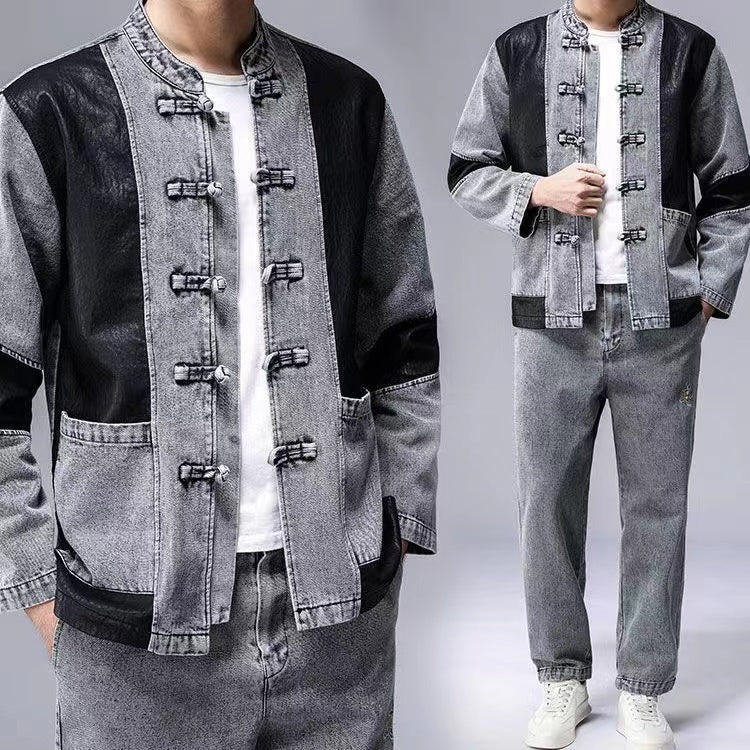 Men's Tang Suit Set with Denim Jacket, Spring and Autumn Long-Sleeved Chinese-Style Jacket