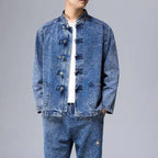 Men's Tang Suit Set with Denim Jacket, Spring and Autumn Long-Sleeved Chinese-Style Jacket