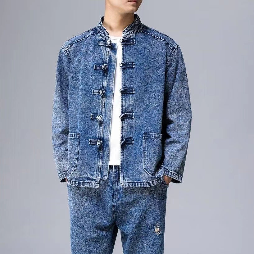 Men's Tang Suit Set with Denim Jacket, Spring and Autumn Long-Sleeved Chinese-Style Jacket