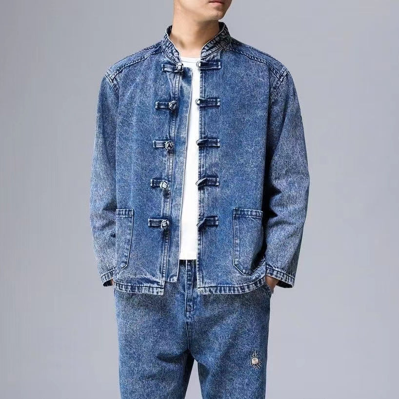 Men's Tang Suit Set with Denim Jacket, Spring and Autumn Long-Sleeved Chinese-Style Jacket