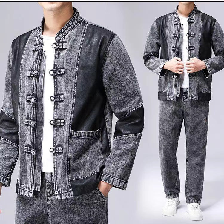 Men's Tang Suit Set with Denim Jacket, Spring and Autumn Long-Sleeved Chinese-Style Jacket