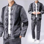 Men's Tang Suit Set with Denim Jacket, Spring and Autumn Long-Sleeved Chinese-Style Jacket