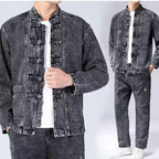 Men's Tang Suit Set with Denim Jacket, Spring and Autumn Long-Sleeved Chinese-Style Jacket