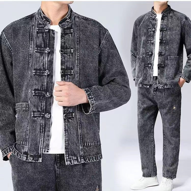 Men's Tang Suit Set with Denim Jacket, Spring and Autumn Long-Sleeved Chinese-Style Jacket
