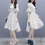 Dress Women's Summer 2022 New Korean Version Waist-Enhancing Slimming Temperament Chiffon Floral Print Dress