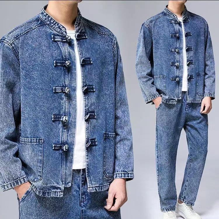Men's Tang Suit Set with Denim Jacket, Spring and Autumn Long-Sleeved Chinese-Style Jacket