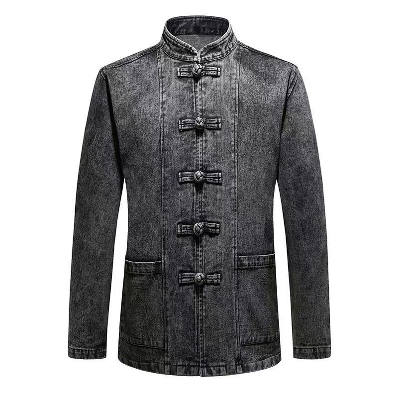 Men's Tang Suit Set with Denim Jacket, Spring and Autumn Long-Sleeved Chinese-Style Jacket