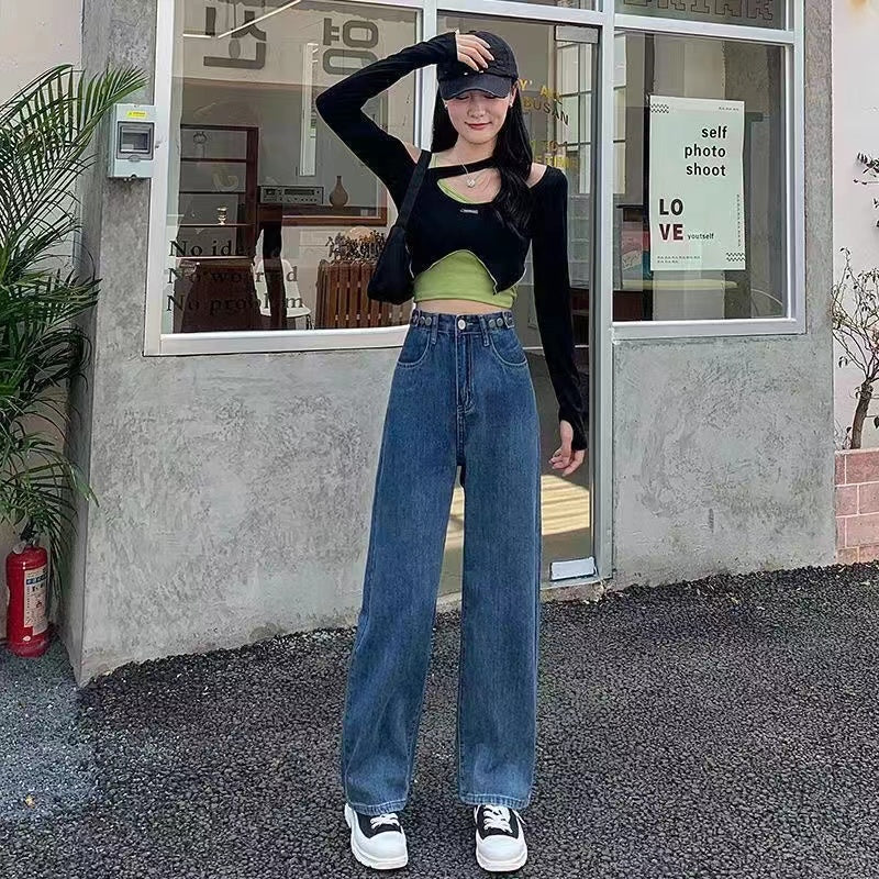 High-Waisted Wide-Leg Jeans for Women, 2023 Summer New Thin Loose Straight-Leg Versatile Petite Floor-Length Pants