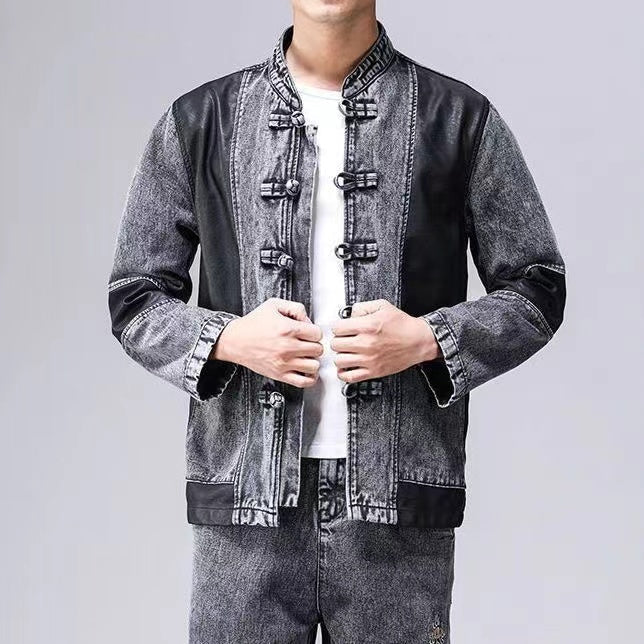 Men's Tang Suit Set with Denim Jacket, Spring and Autumn Long-Sleeved Chinese-Style Jacket