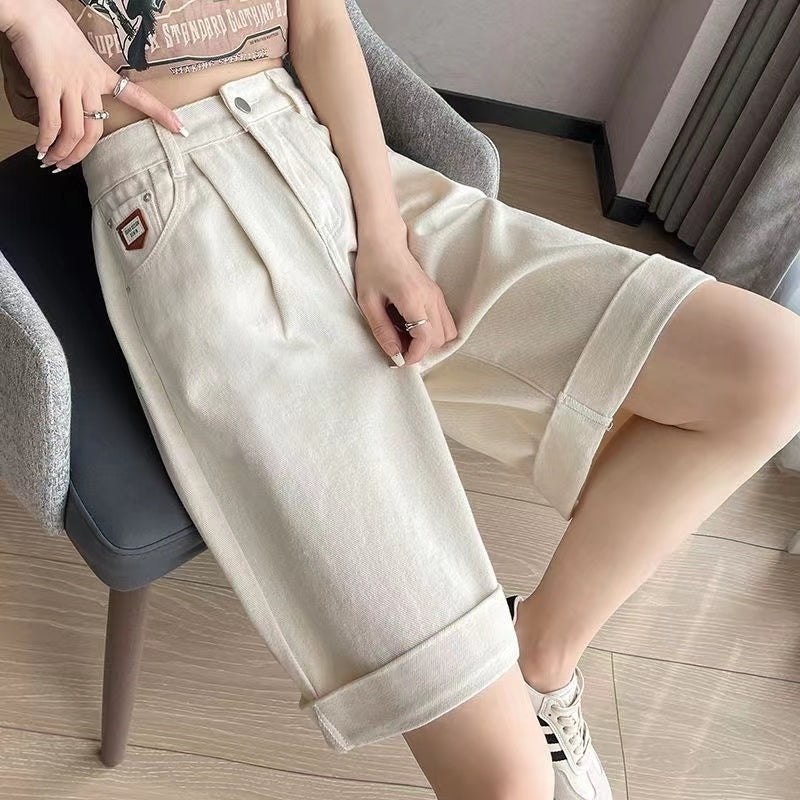 Plus Size 300 Pounds Loose Thin Pear-Shaped Body High-Waisted Slimming Cuffed Wide-Leg Denim Shorts for Curvy Women