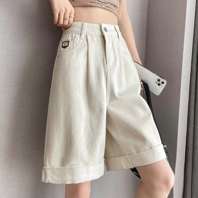 Plus Size 300 Pounds Loose Thin Pear-Shaped Body High-Waisted Slimming Cuffed Wide-Leg Denim Shorts for Curvy Women
