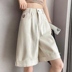 Plus Size 300 Pounds Loose Thin Pear-Shaped Body High-Waisted Slimming Cuffed Wide-Leg Denim Shorts for Curvy Women