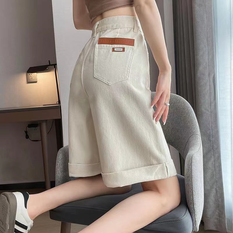 Plus Size 300 Pounds Loose Thin Pear-Shaped Body High-Waisted Slimming Cuffed Wide-Leg Denim Shorts for Curvy Women